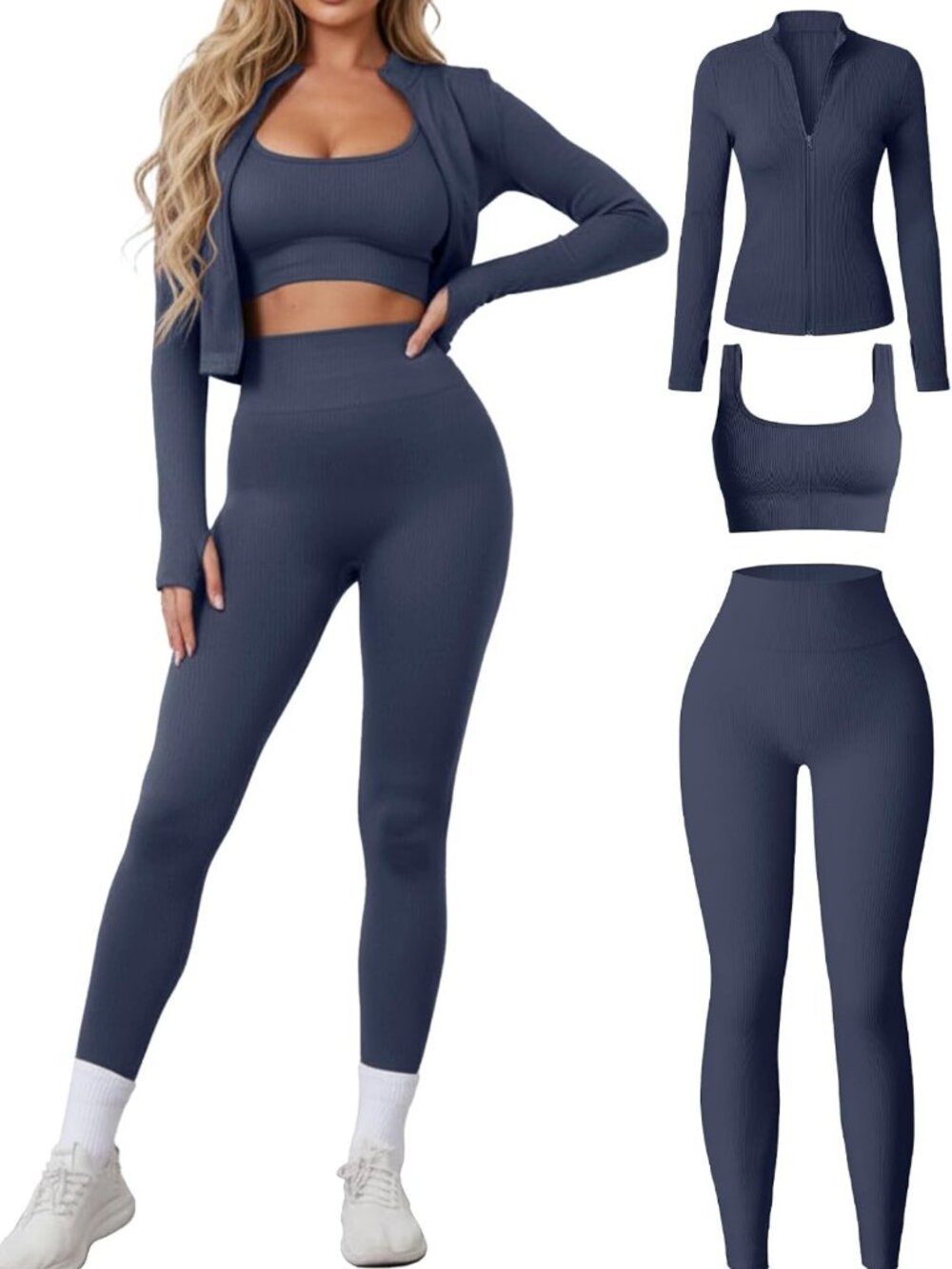 3 Piece Seamless Workout Set: Sports Bra, High Waisted Leggings & Zip Jacket